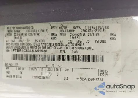 2020 Ford Transit-250 Cargo Van из США, поврежденный, VIN 1FTBR1C83LKA51538